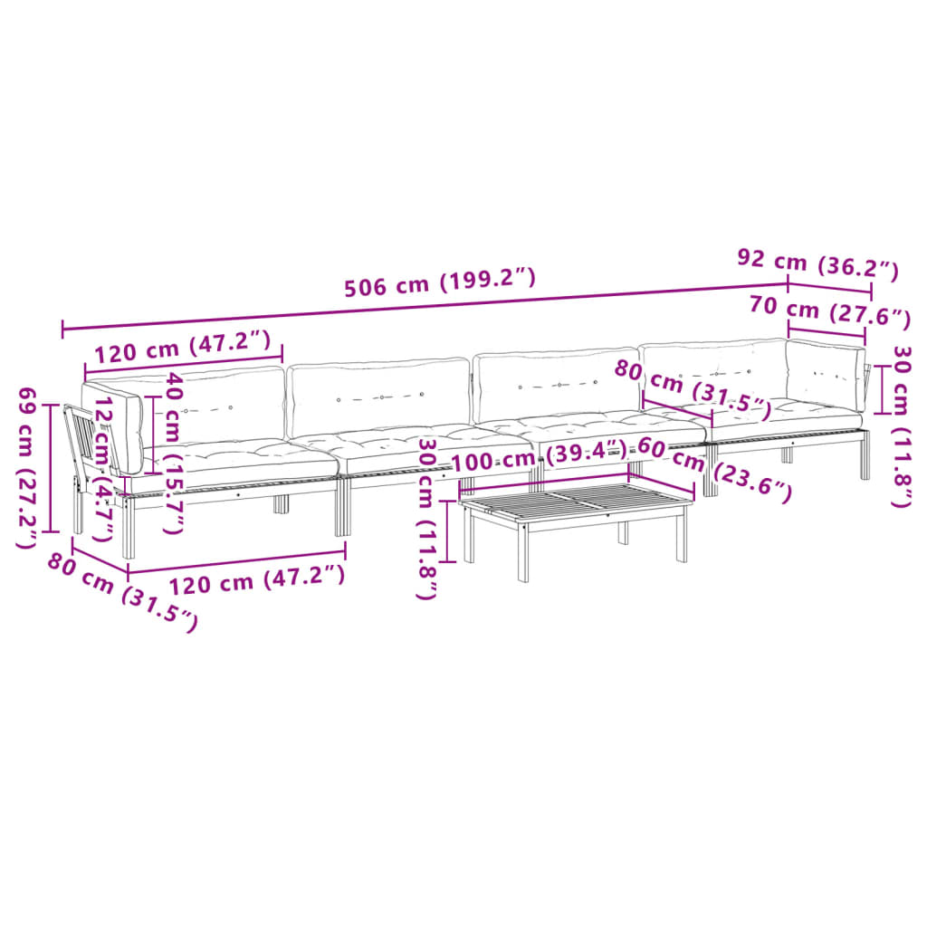 vidaXL 5-delige Loungeset pallet met kussens massief acaciahout