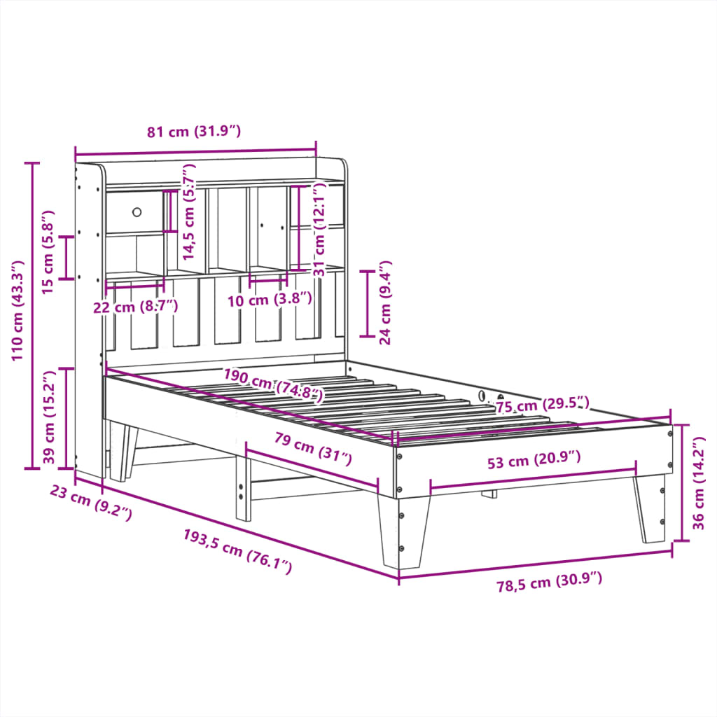 vidaXL Bedframe zonder matras massief grenenhout wasbruin 75x190 cm