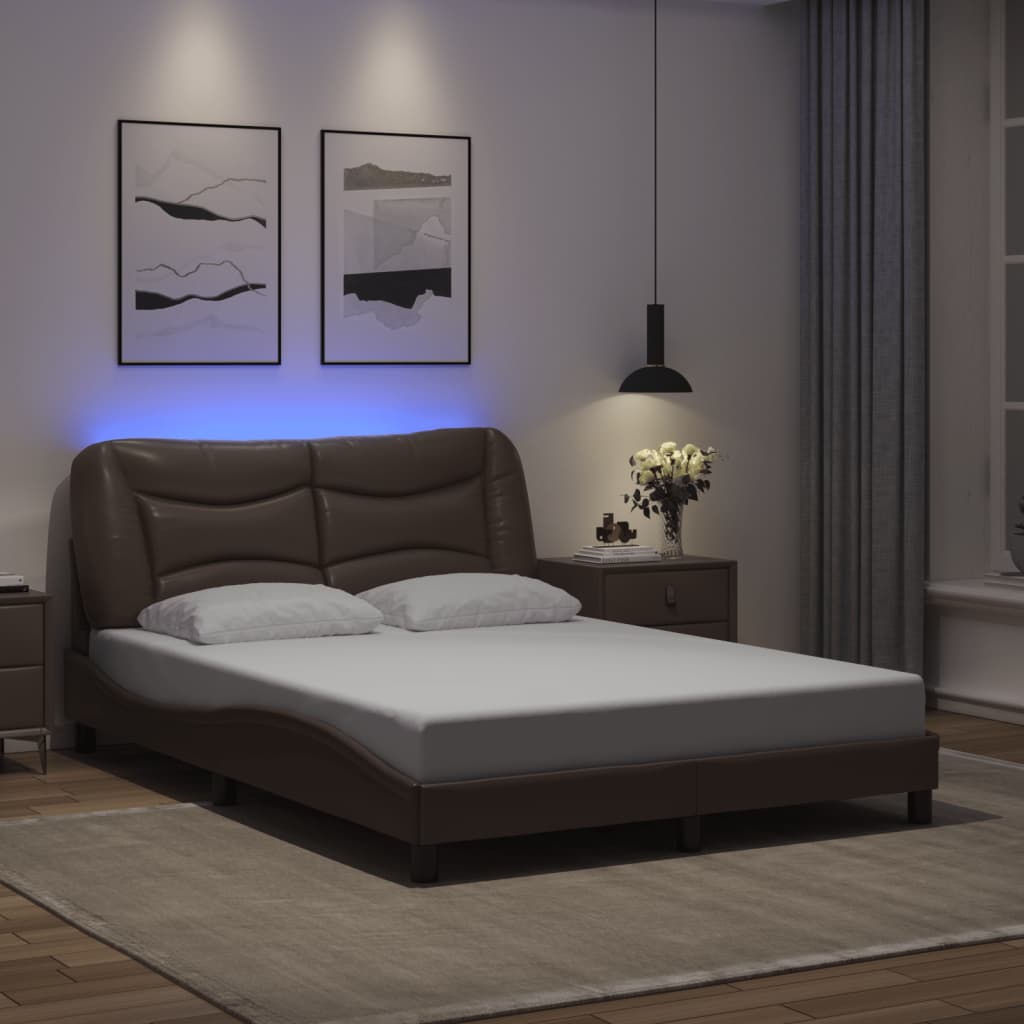 vidaXL Bedframe met LED-verlichting kunstleer bruin 140x190 cm