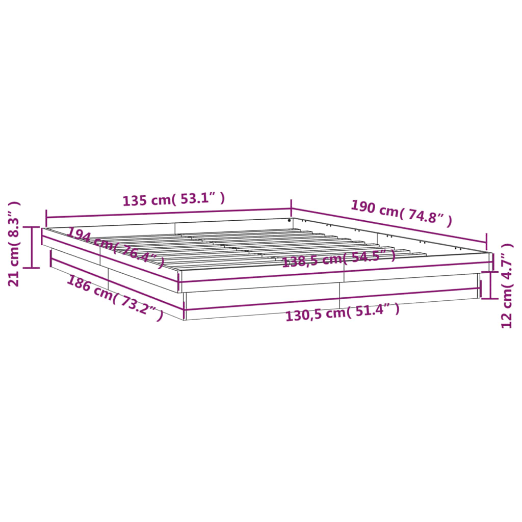 vidaXL Bedframe met LED massief grenenhout wasbruin 135x190 cm