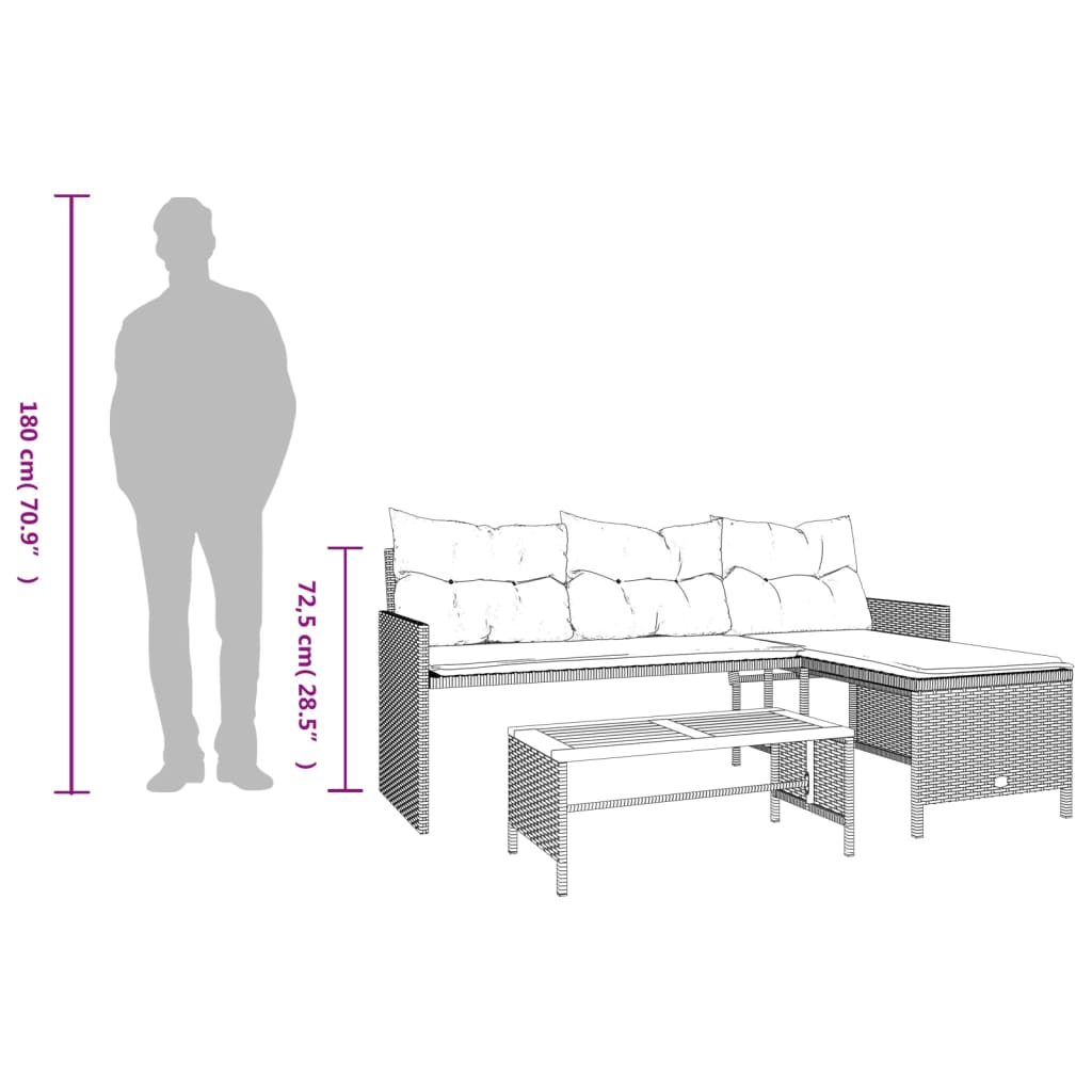 vidaXL Tuinbank met tafel en kussens L-vormig poly rattan beige