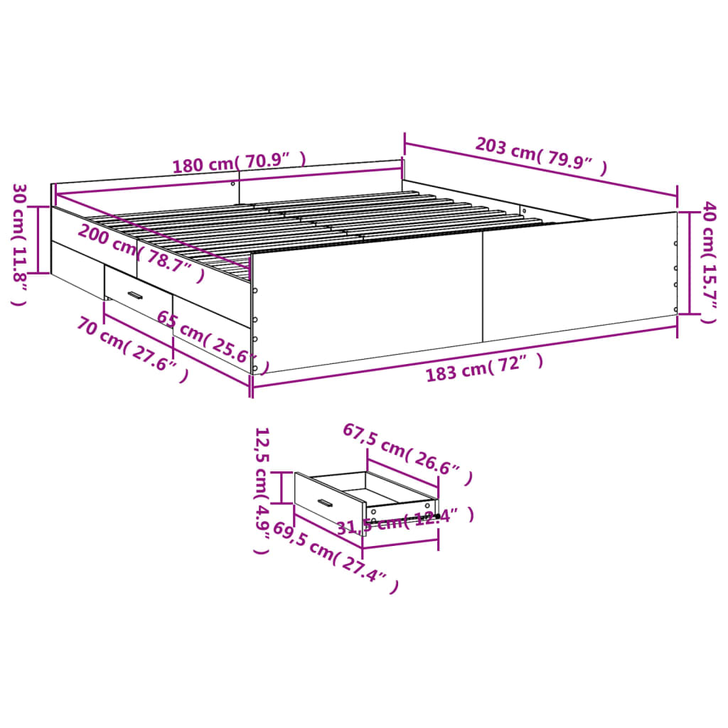 vidaXL Bedframe met lades bewerkt hout betongrijs 180x200 cm