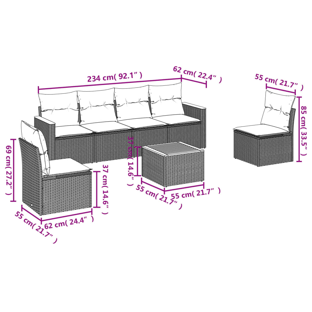 vidaXL 7-delige Loungeset met kussens poly rattan gemengd beige