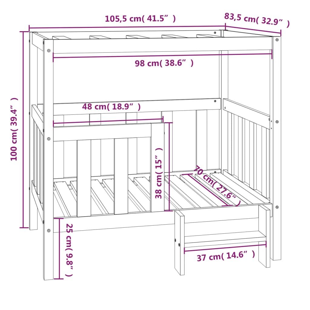 vidaXL Hondenmand 105,5 x 83,5 x 100 cm massief grenenhout grijs