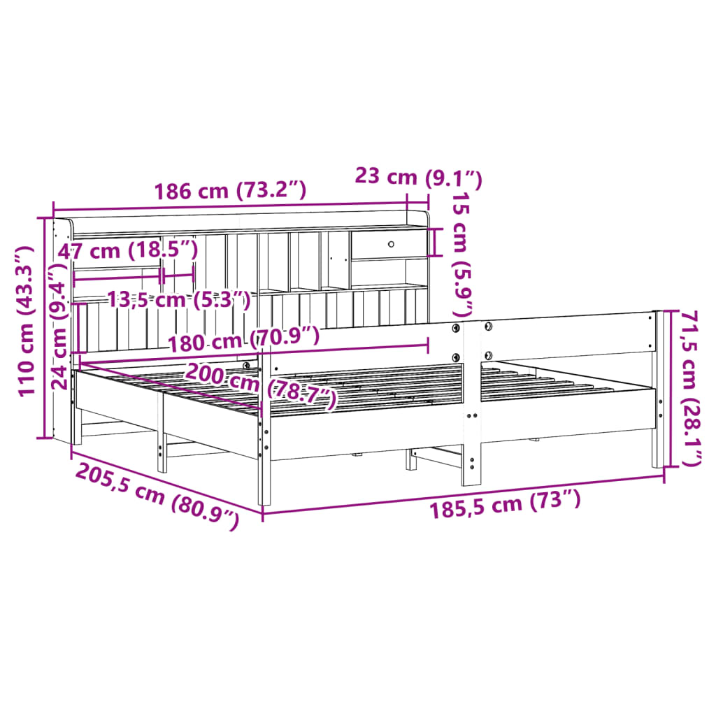 vidaXL Bed met boekenkast zonder matras grenenhout wit 180x200 cm