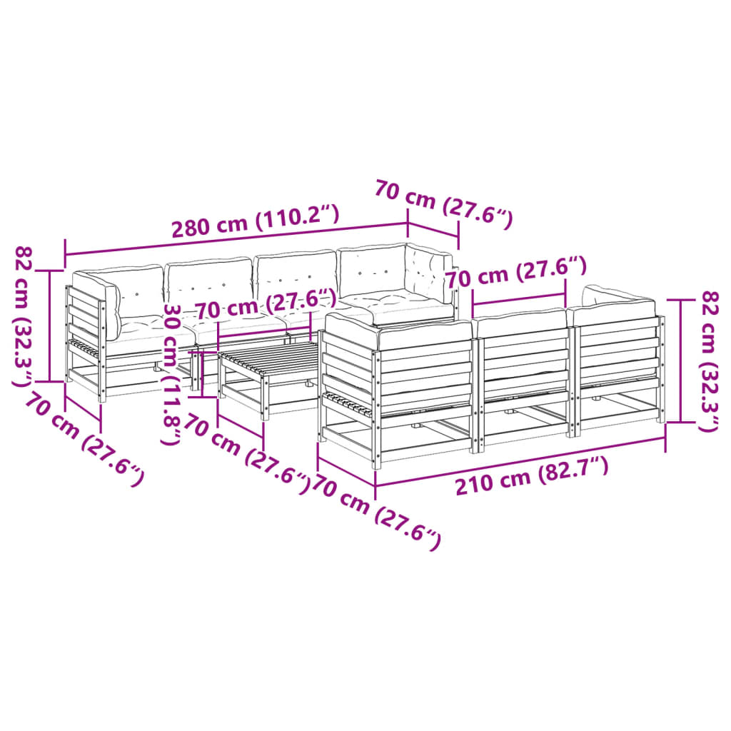 vidaXL 8-delige Loungeset met kussens massief grenenhout