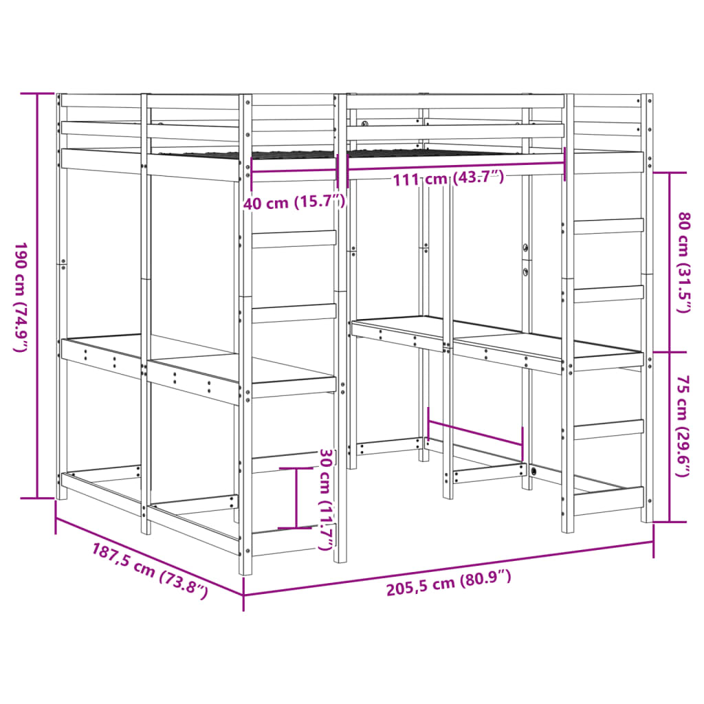 vidaXL Hoogslaper met bureau en ladder grenenhout wit 180x200 cm