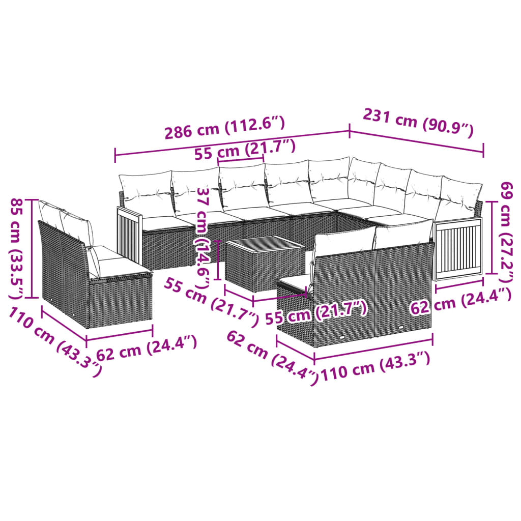 vidaXL 13-delige Loungeset met kussens poly rattan grijs