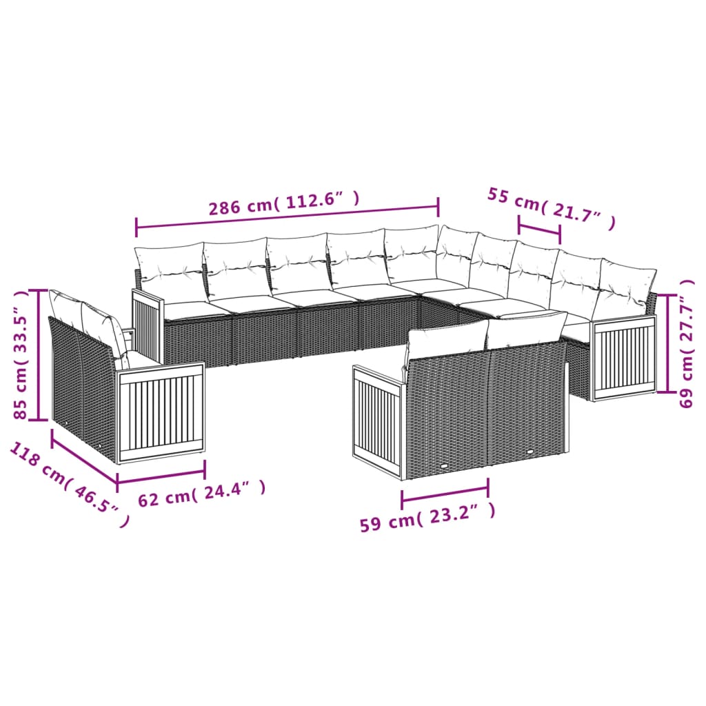 vidaXL 13-delige Loungeset met kussens poly rattan beige