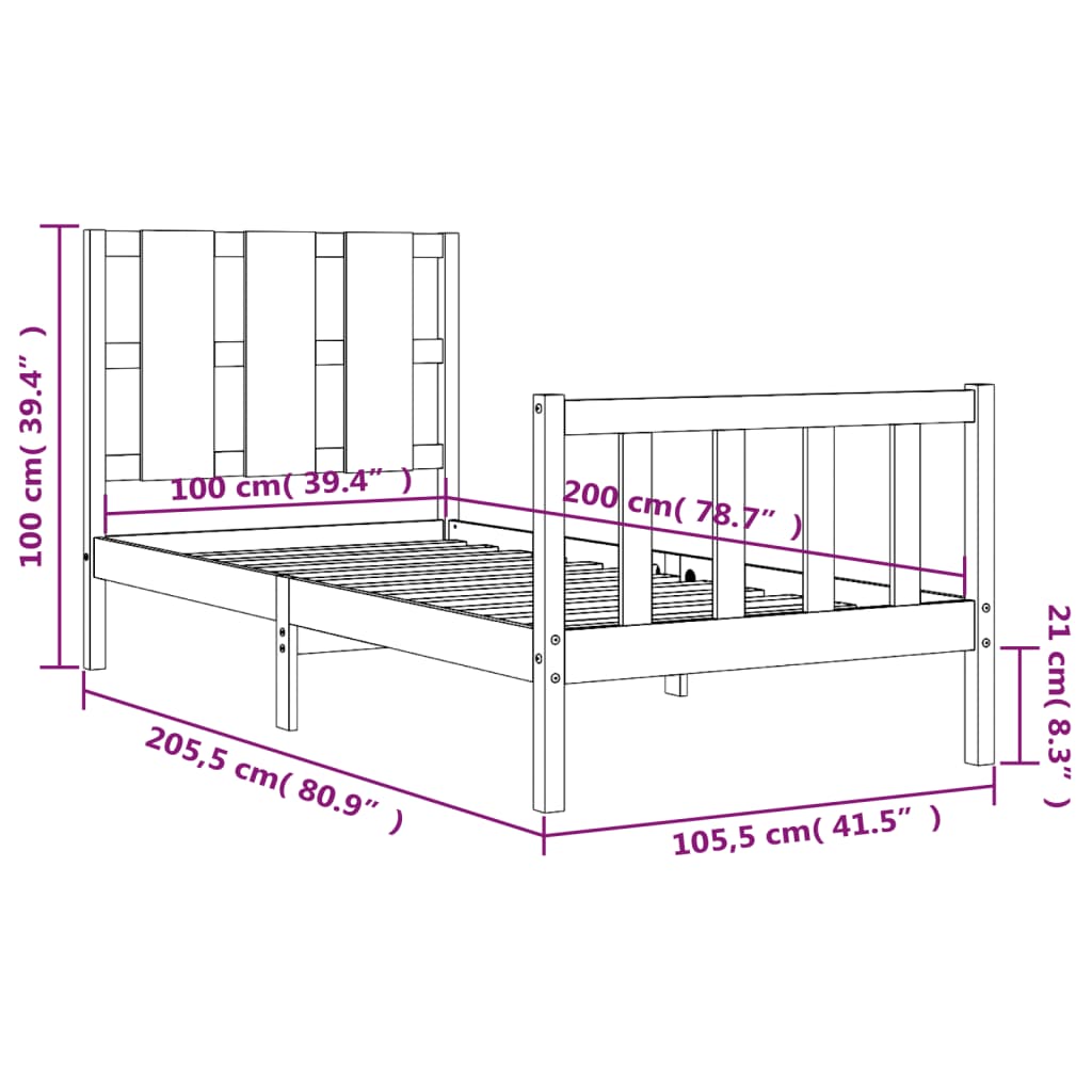 vidaXL Bedframe met hoofdbord massief hout zwart 100x200 cm