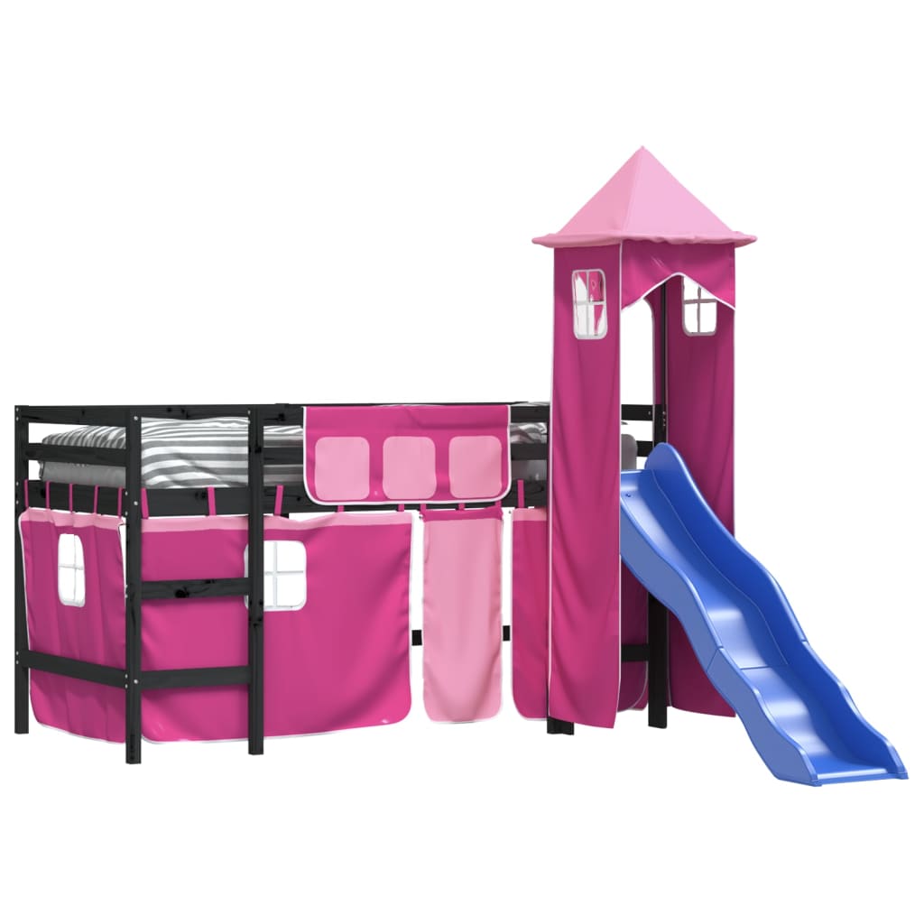 vidaXL Kinderhoogslaper met toren 90x190 cm massief grenenhout roze