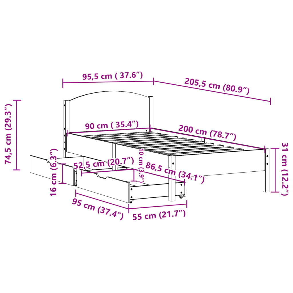 vidaXL Bedframe zonder matras massief grenenhout wit 90x200 cm