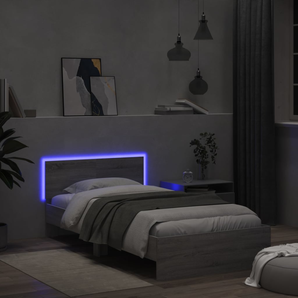 vidaXL Bedframe met hoofdbord en LED grijs sonoma eiken 100x200 cm