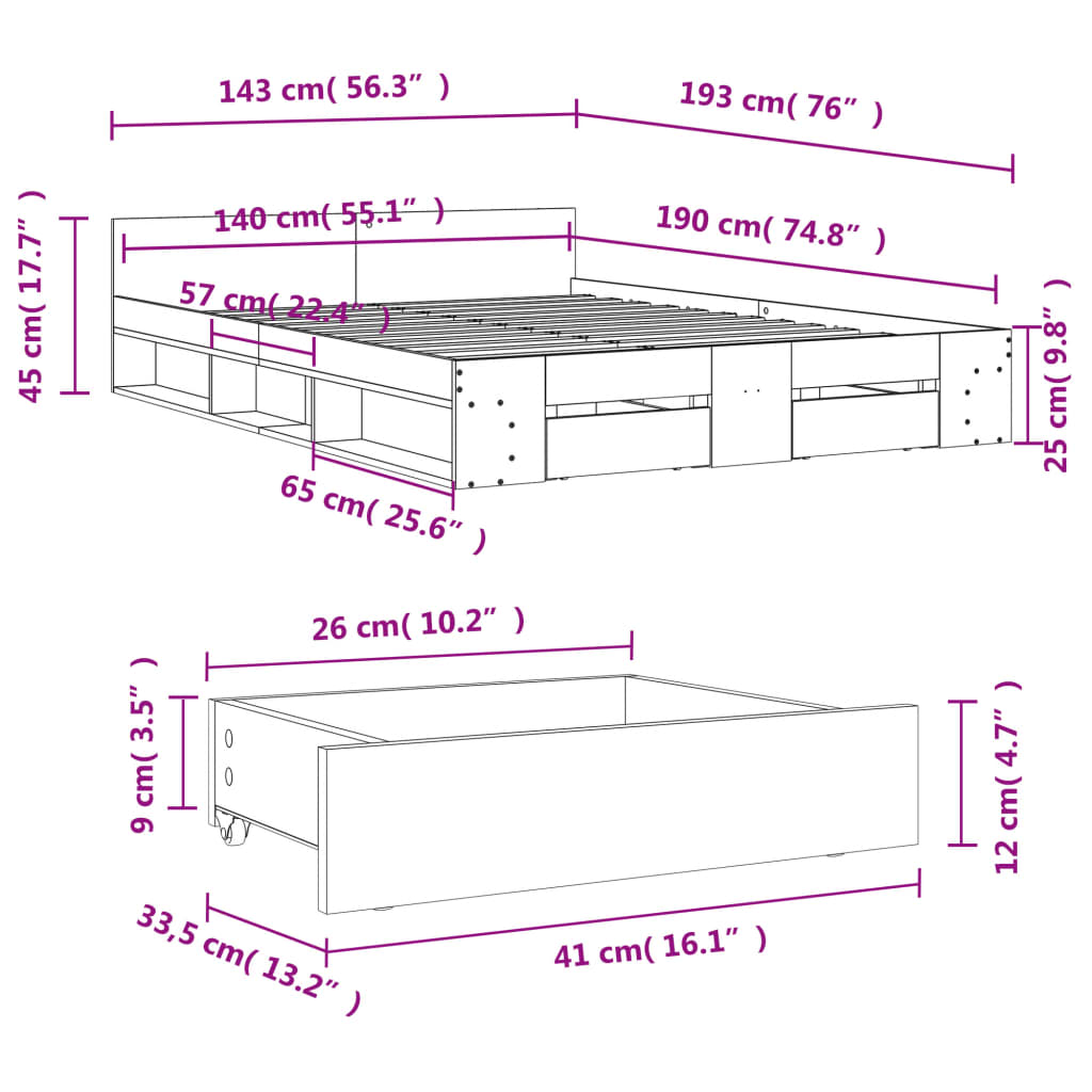 vidaXL Bedframe met lades bewerkt hout betongrijs 140x190 cm