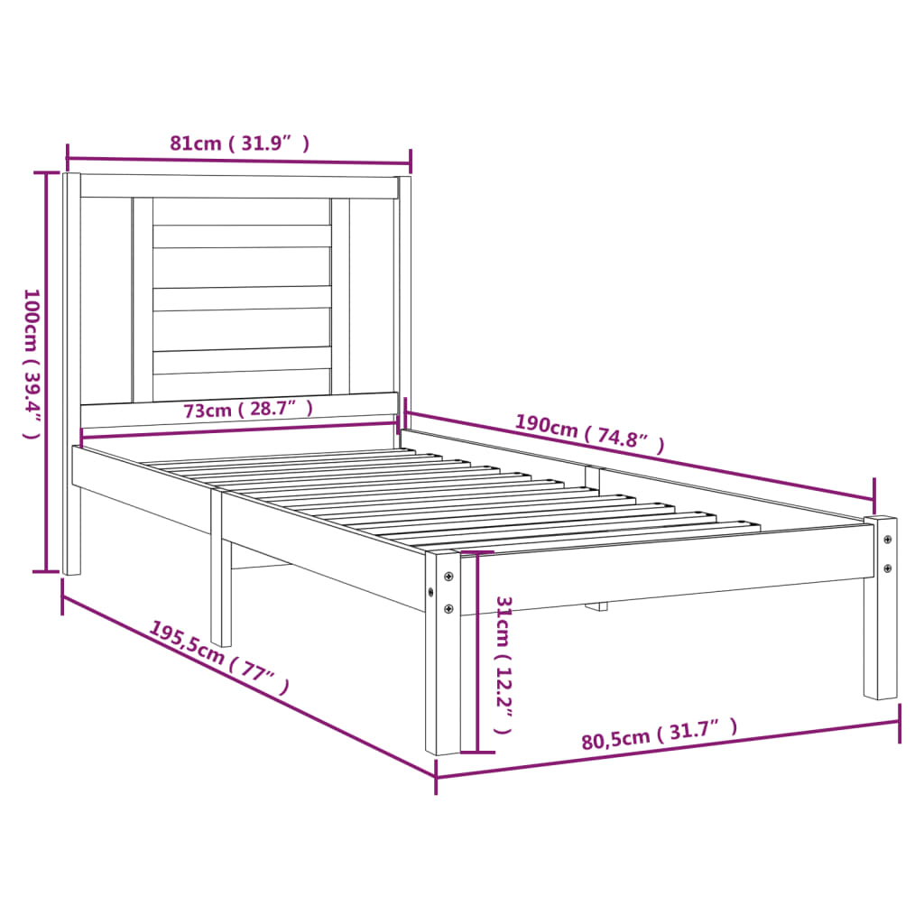 vidaXL Bedframe massief hout wit 75x190 cm