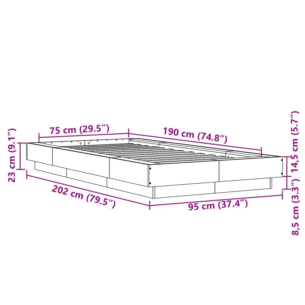 vidaXL Bedframe bewerkt hout bruin eikenkleur 75x190 cm