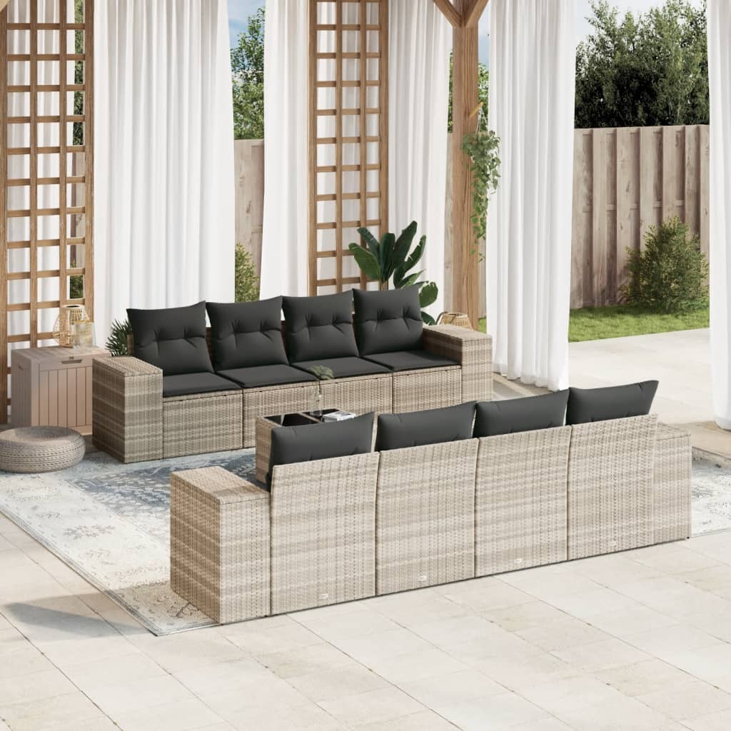 vidaXL 9-delige Loungeset met kussens poly rattan lichtgrijs