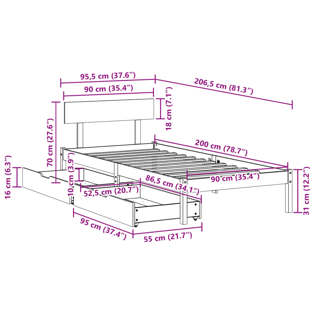 vidaXL Bedframe zonder matras massief grenenhout wit 90x200 cm