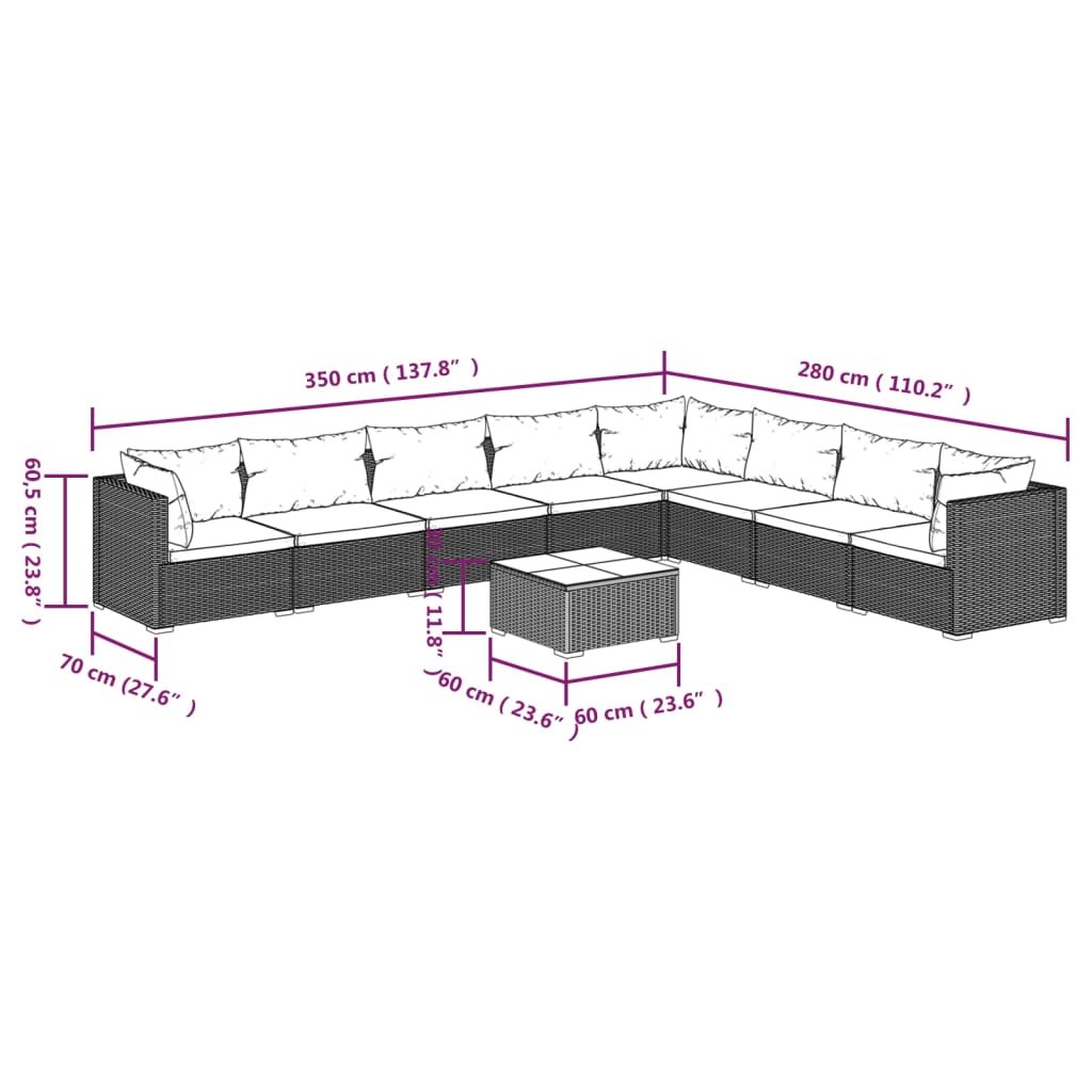 vidaXL 9-delige Loungeset met kussens poly rattan bruin