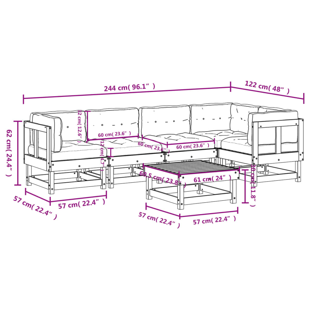 vidaXL 6-delige Loungeset met kussens massief hout