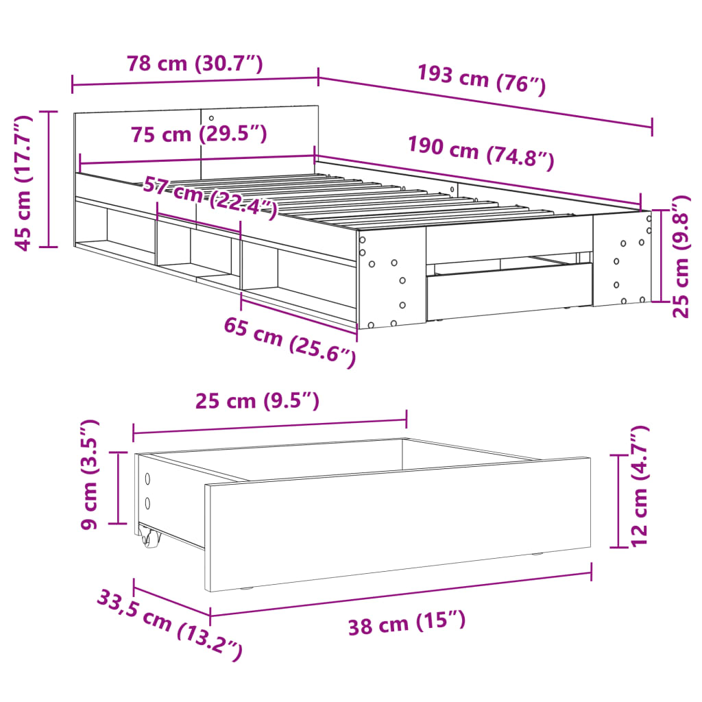 vidaXL Bedframe met lade bewerkt hout betongrijs 75x190 cm