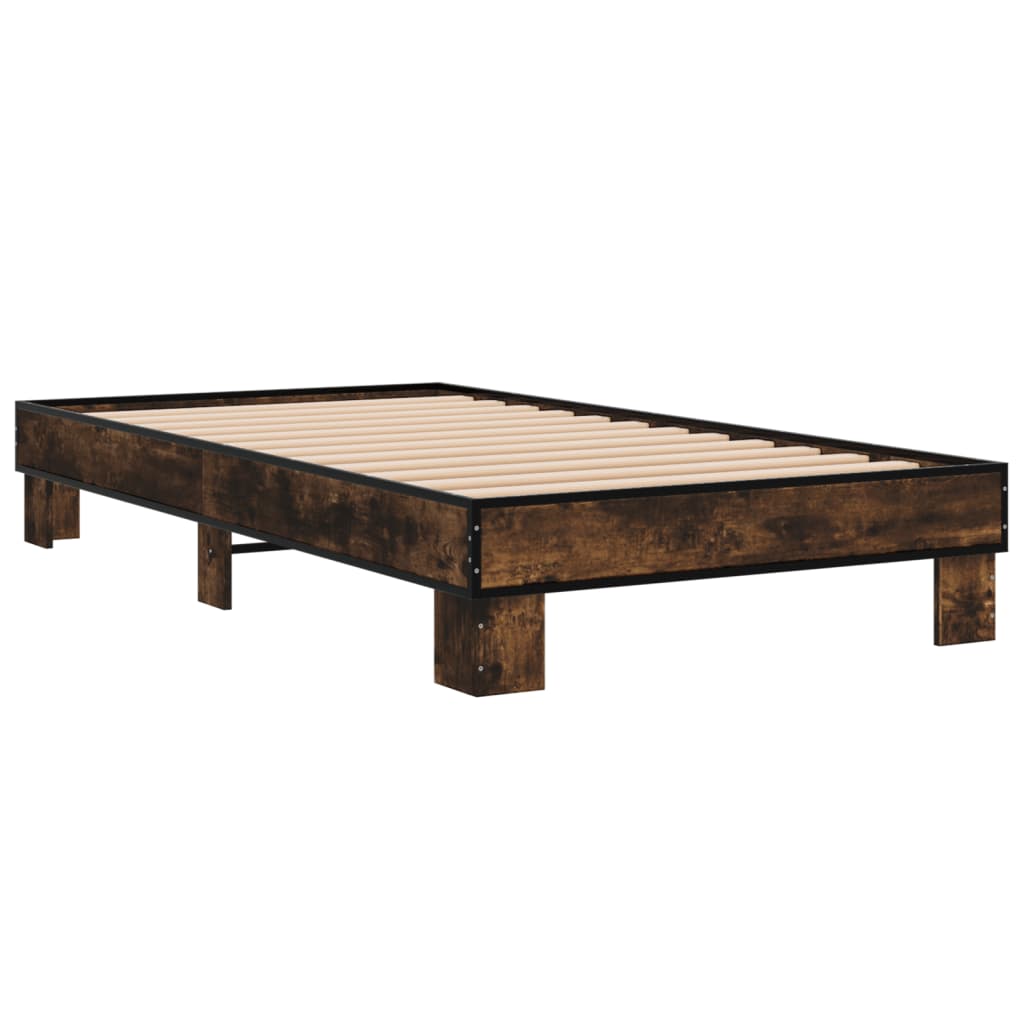 vidaXL Bedframe bewerkt hout en metaal gerookt eikenkleurig 100x200 cm