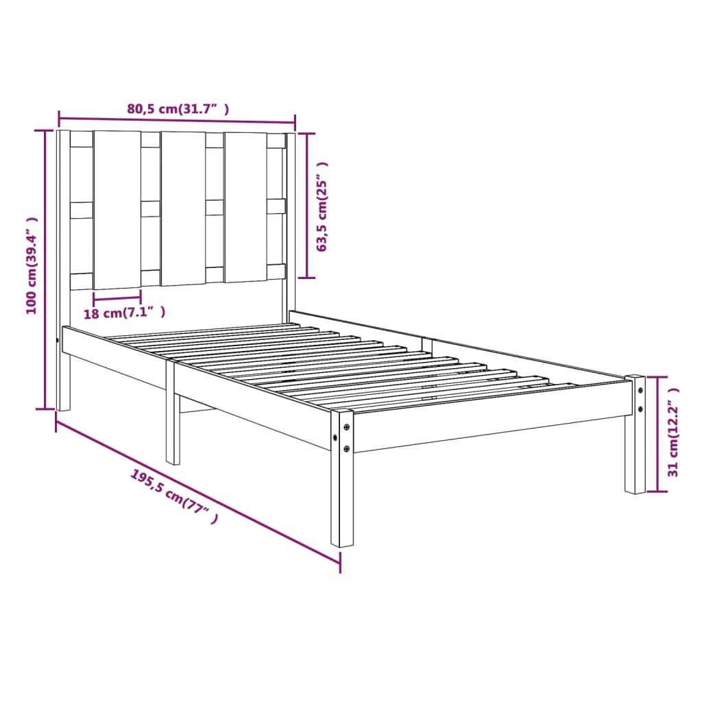 vidaXL Bedframe massief hout wit 75x190 cm