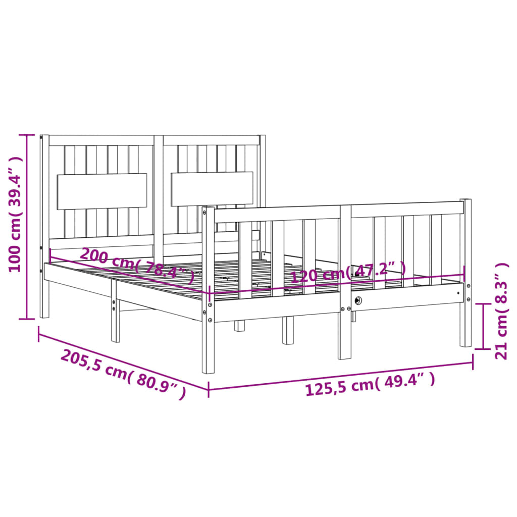 vidaXL Bedframe met hoofdbord massief hout 120x200 cm