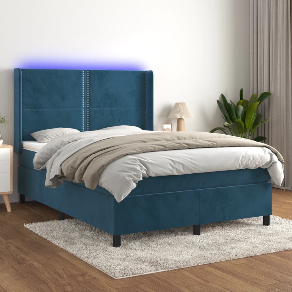 vidaXL Boxspring met matras en LED fluweel donkerblauw 140x190 cm