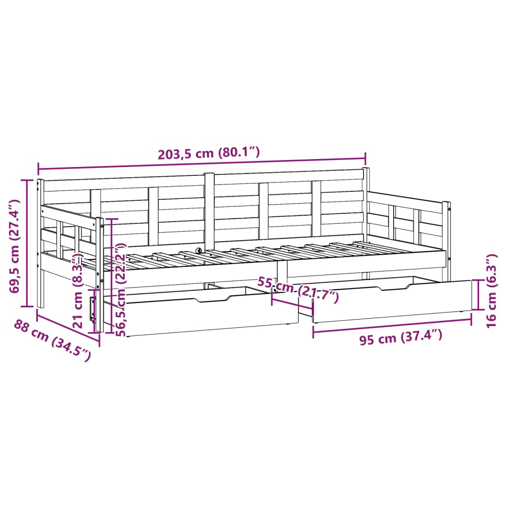 vidaXL Slaapbank met lades 80x200 cm massief grenenhout wit