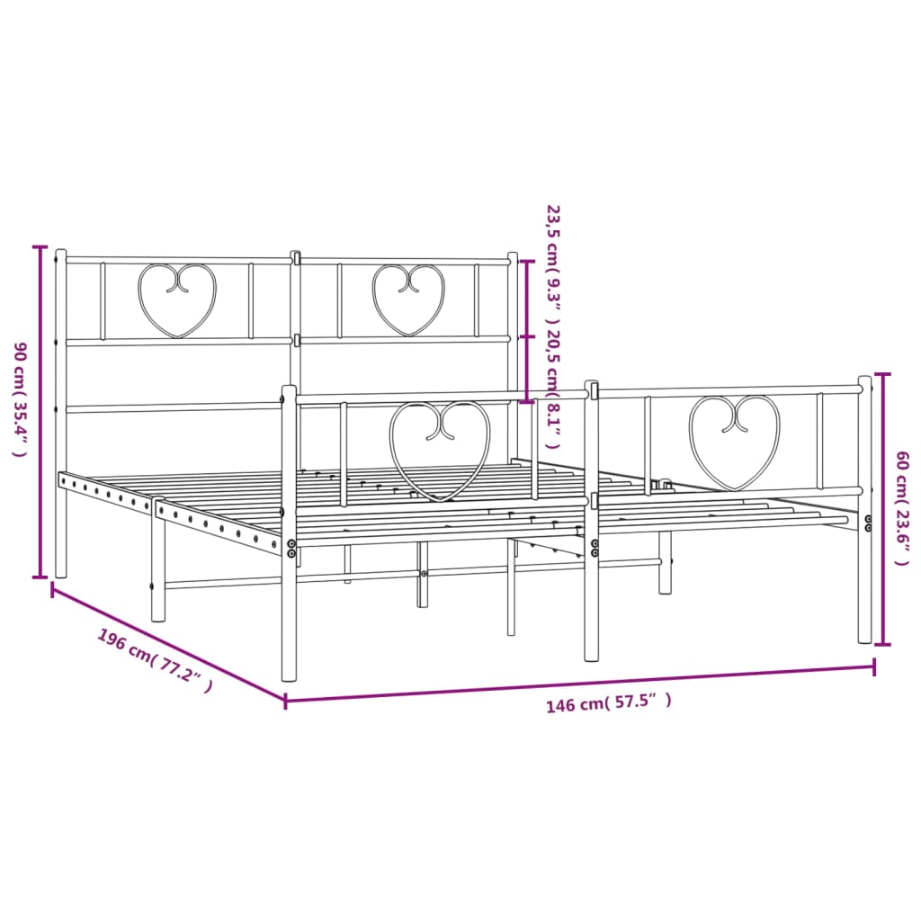 vidaXL Bedframe met hoofd- en voeteneinde metaal zwart 140x190 cm