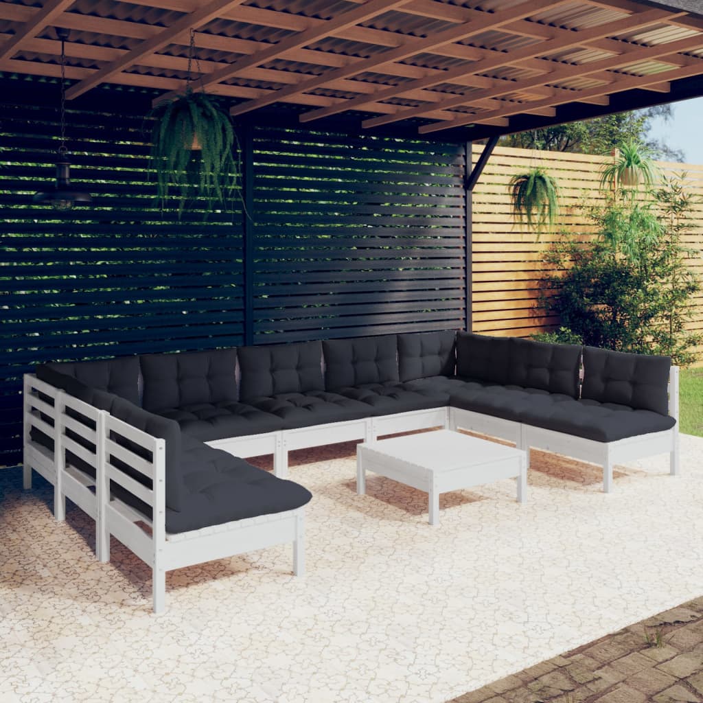 vidaXL 10-delige Loungeset met kussens massief grenenhout wit