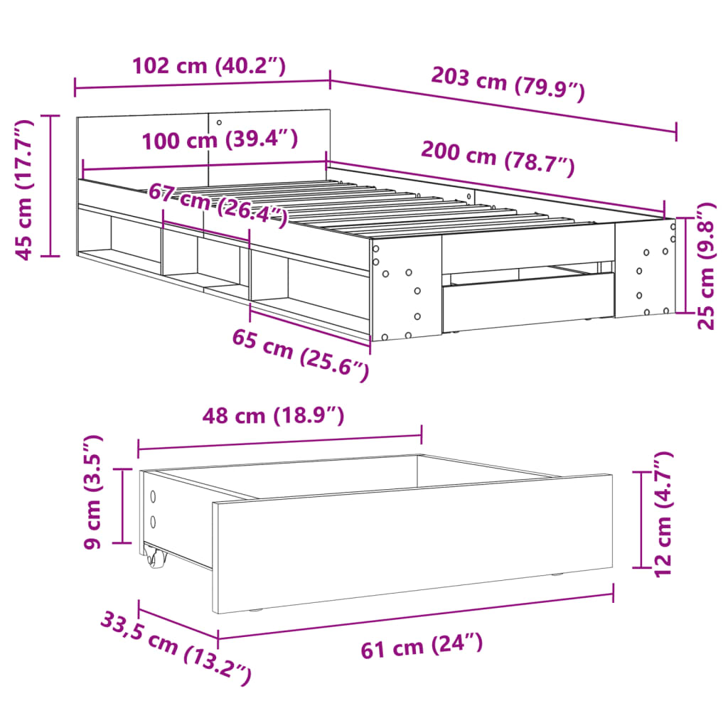 vidaXL Bedframe met lade bewerkt hout grijs sonoma eiken 100x200 cm