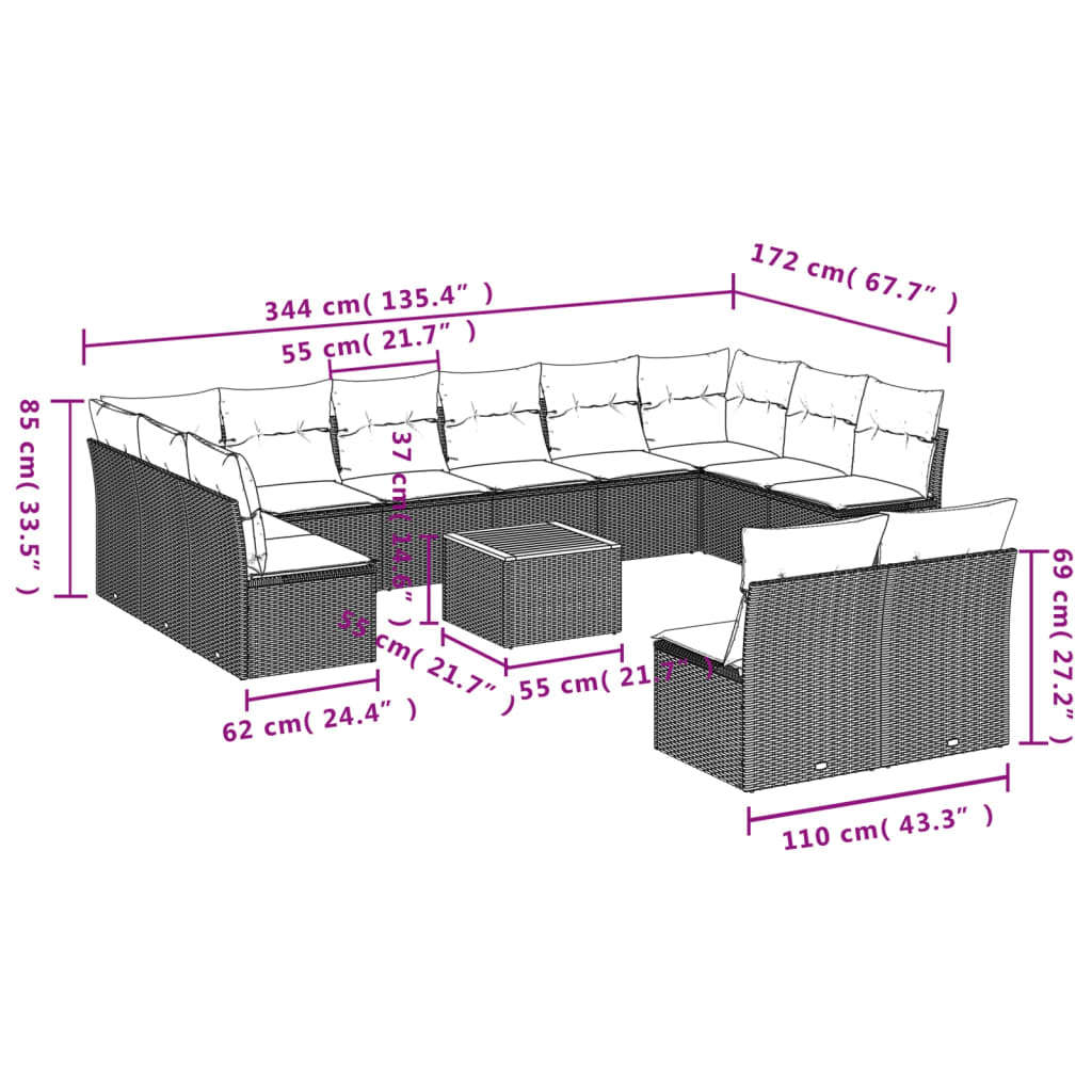 vidaXL 13-delige Loungeset met kussens poly rattan beige