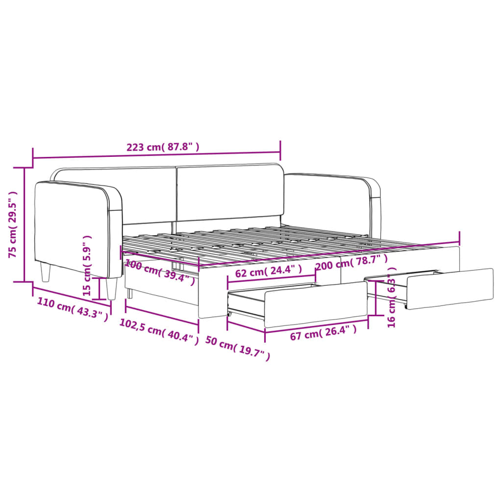 vidaXL Slaapbank met onderschuifbed en lades 100x200 cm stof zwart