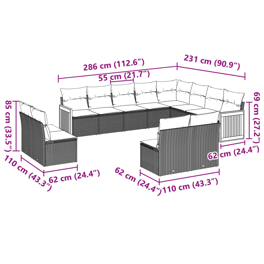 vidaXL 12-delige Loungeset met kussens poly rattan beige