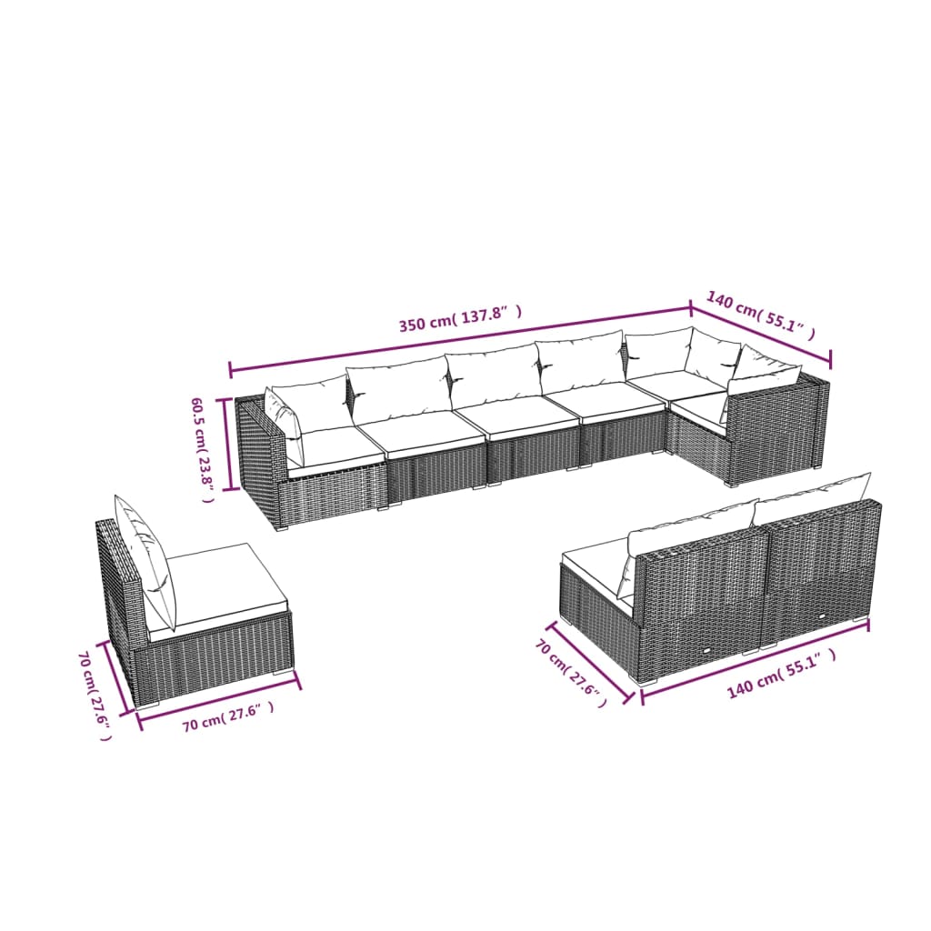 vidaXL 9-delige Loungeset met kussens poly rattan bruin