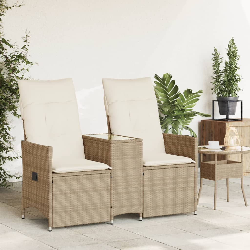 vidaXL Tuinbank 2-zits verstelbaar met tafel poly rattan beige