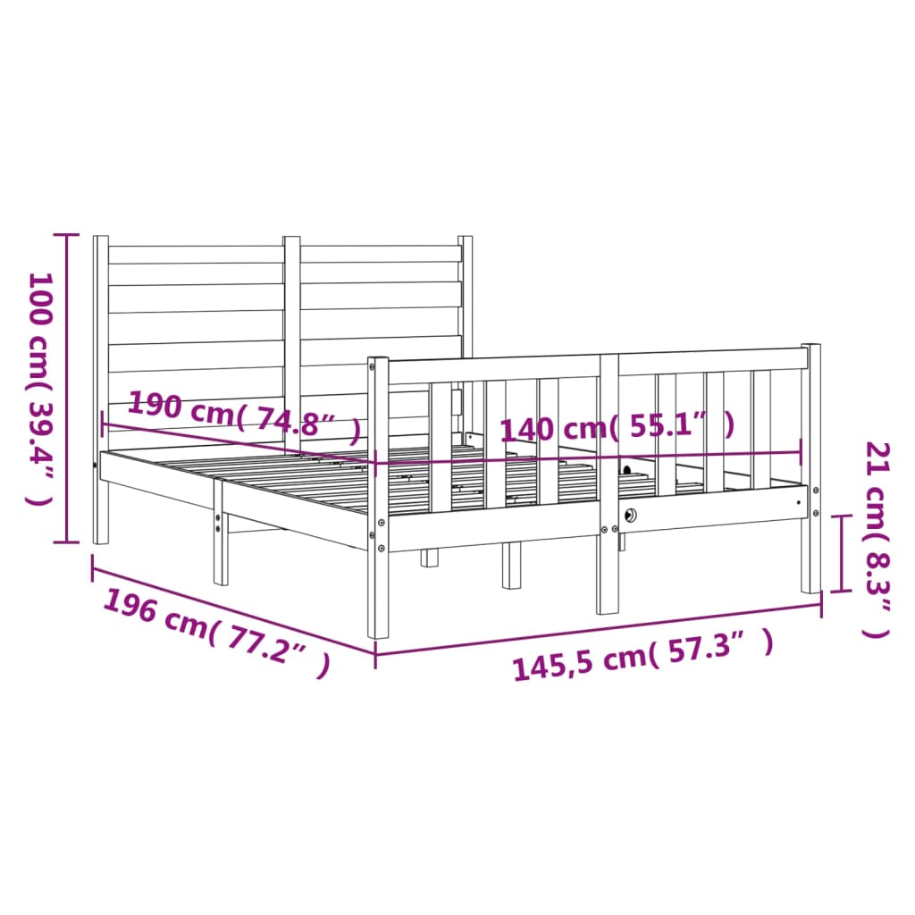 vidaXL Bedframe met hoofdbord massief hout zwart 140x190 cm