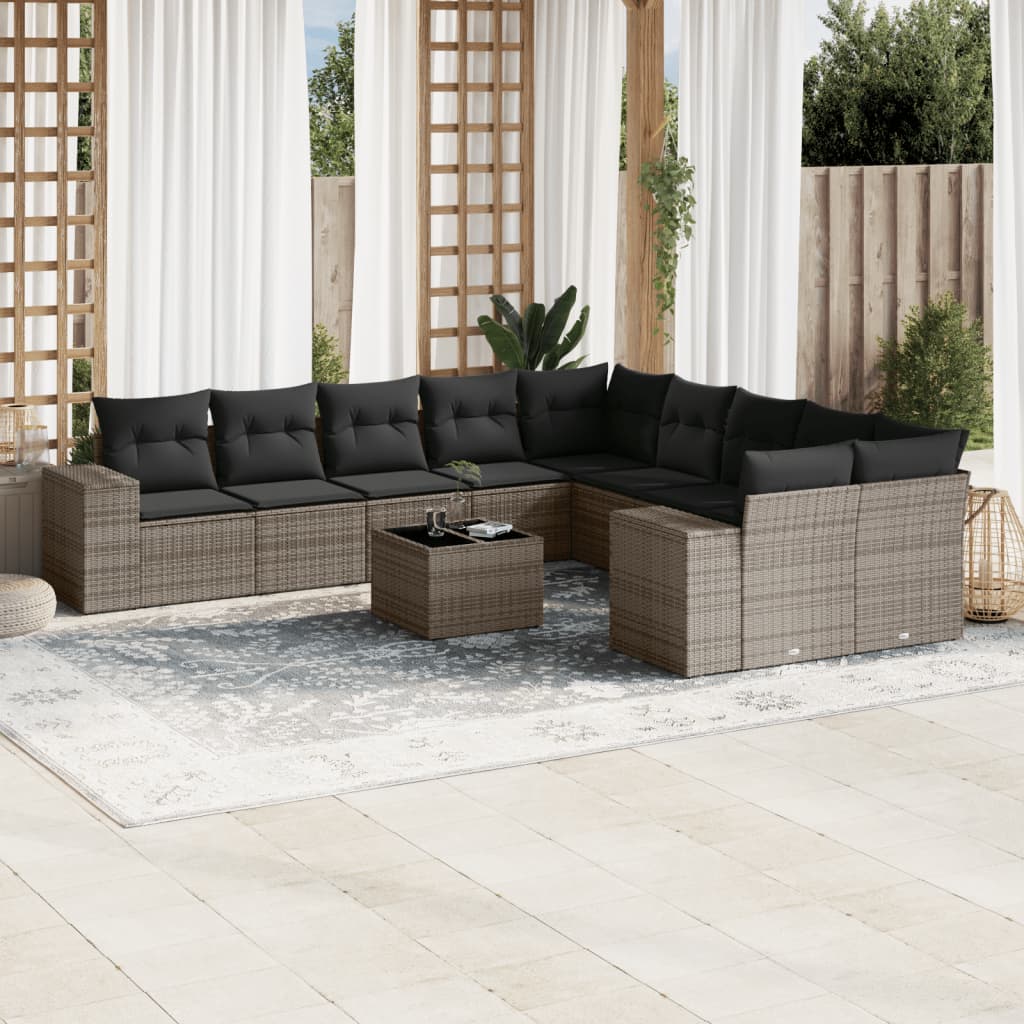 vidaXL 11-delige Loungeset met kussens poly rattan grijs