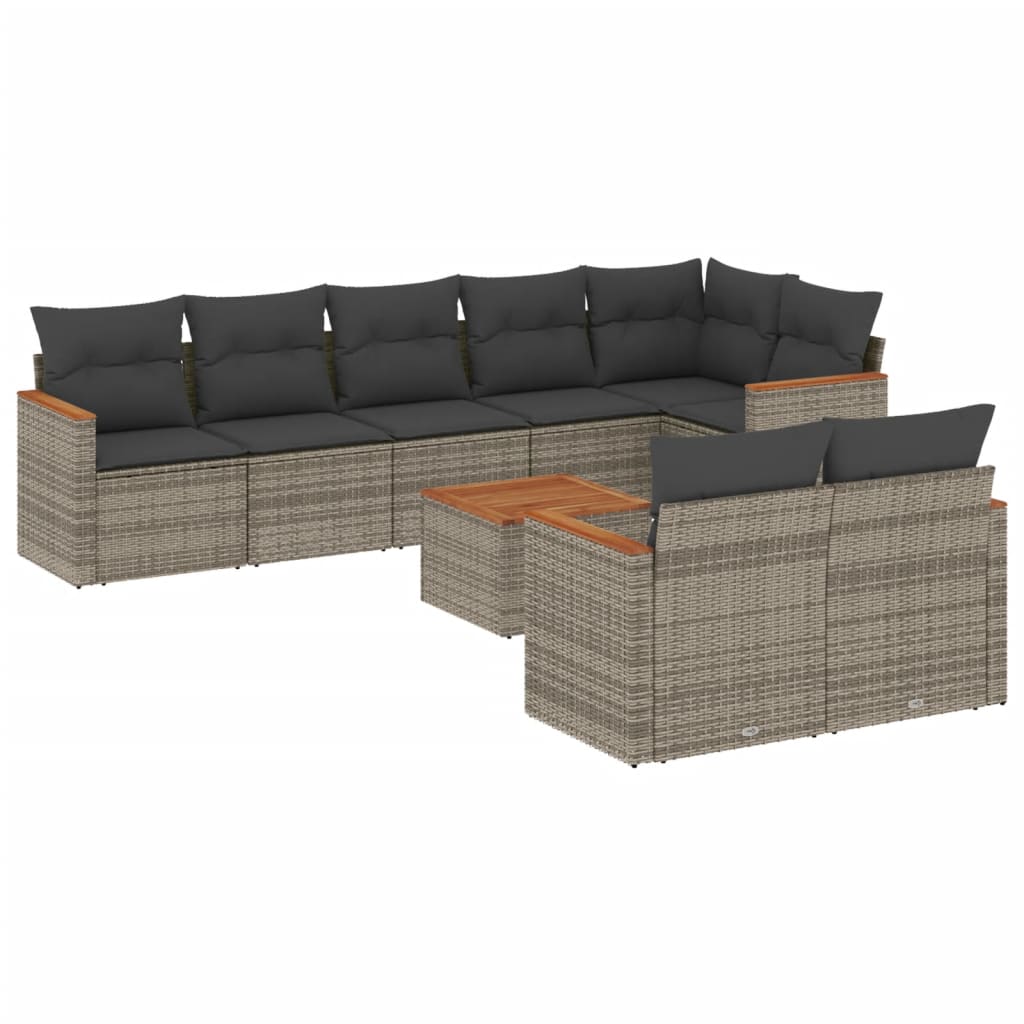 vidaXL 9-delige Loungeset met kussens poly rattan grijs