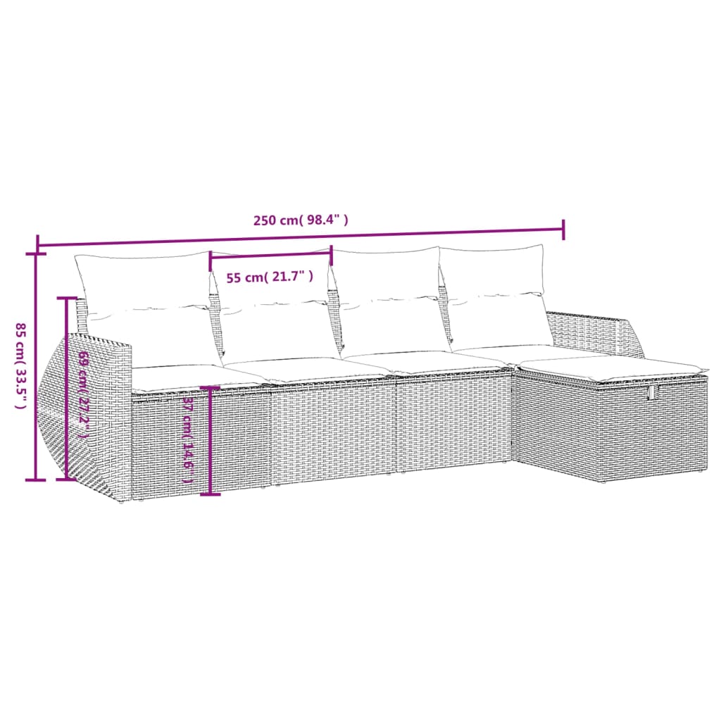 vidaXL 5-delige Loungeset met kussens poly rattan zwart