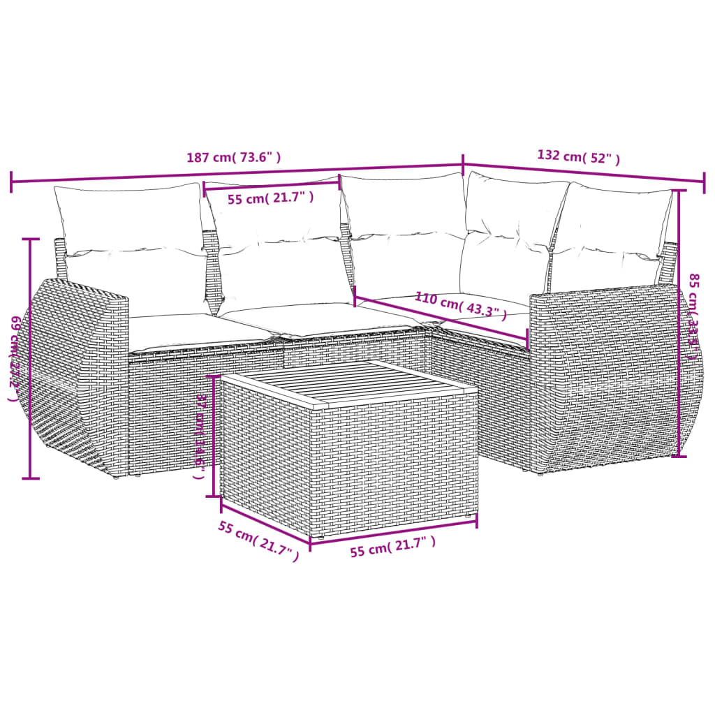 vidaXL 5-delige Loungeset met kussens poly rattan grijs