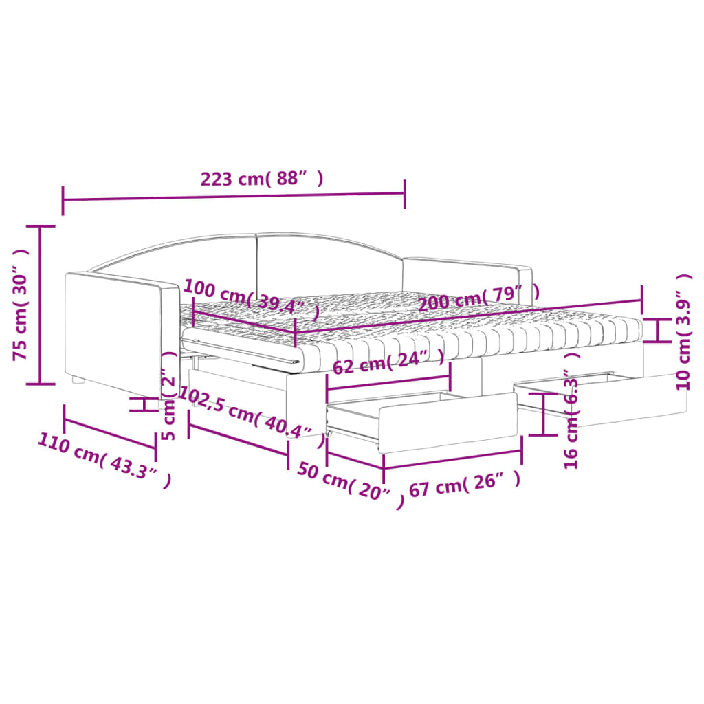 vidaXL Slaapbank met onderschuifbed en lades 100x200 cm stof crème