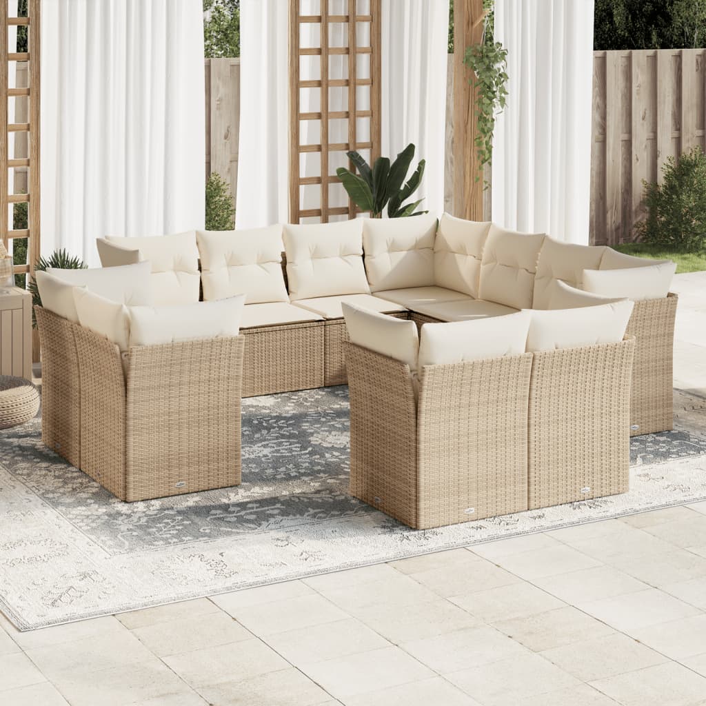 vidaXL 11-delige Tuinset met kussens poly rattan beige