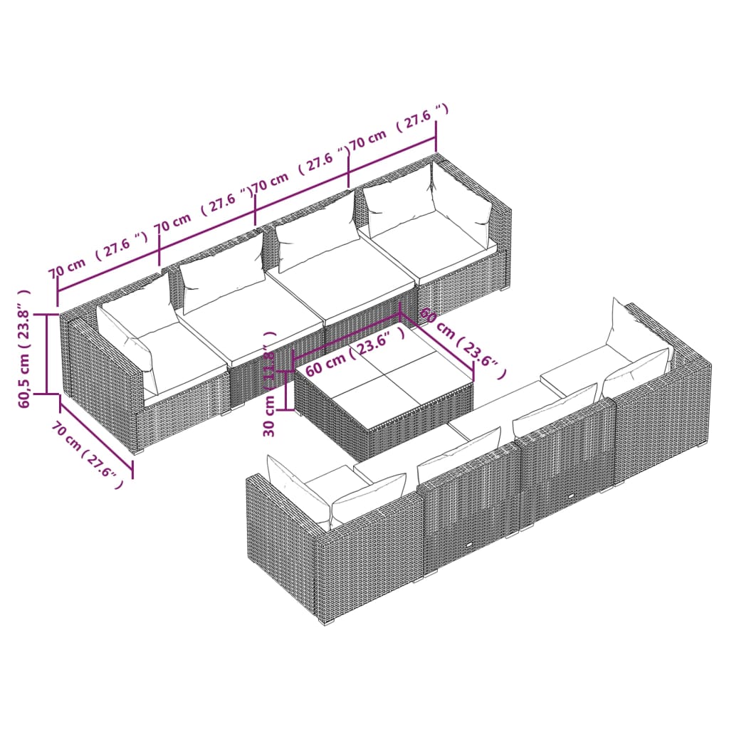 vidaXL 9-delige Loungeset met kussens poly rattan zwart