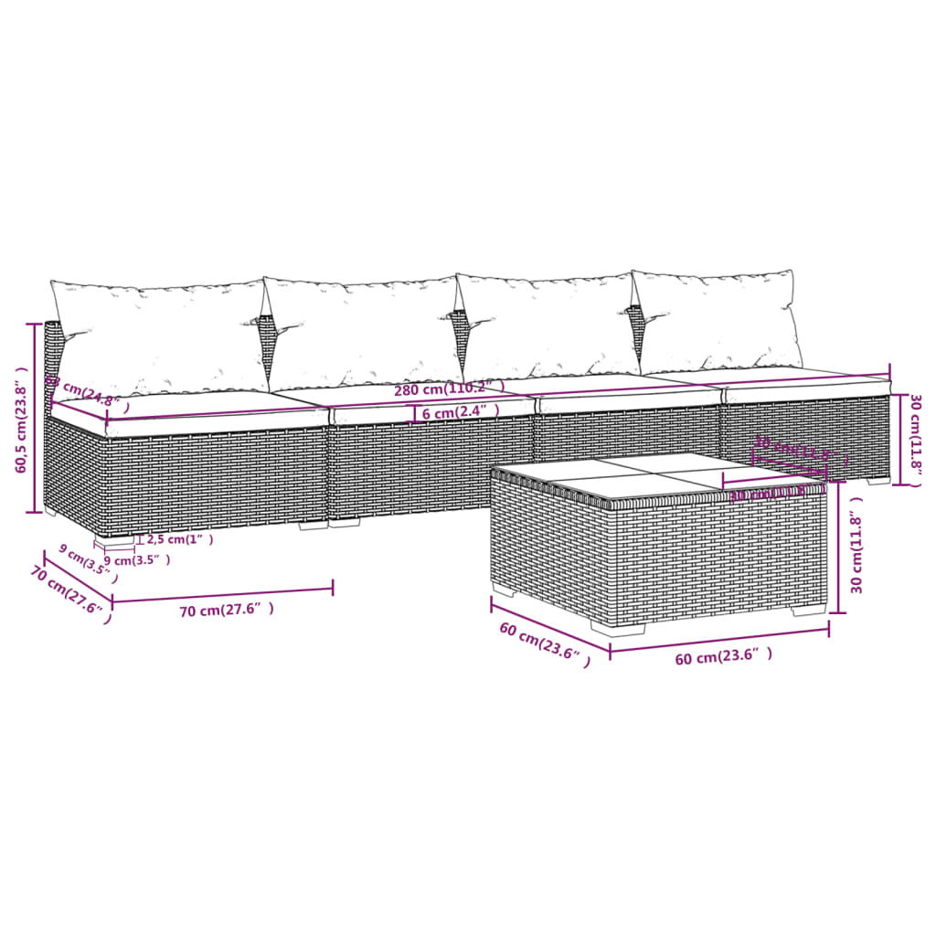 vidaXL 5-delige Loungeset met kussens poly rattan grijs