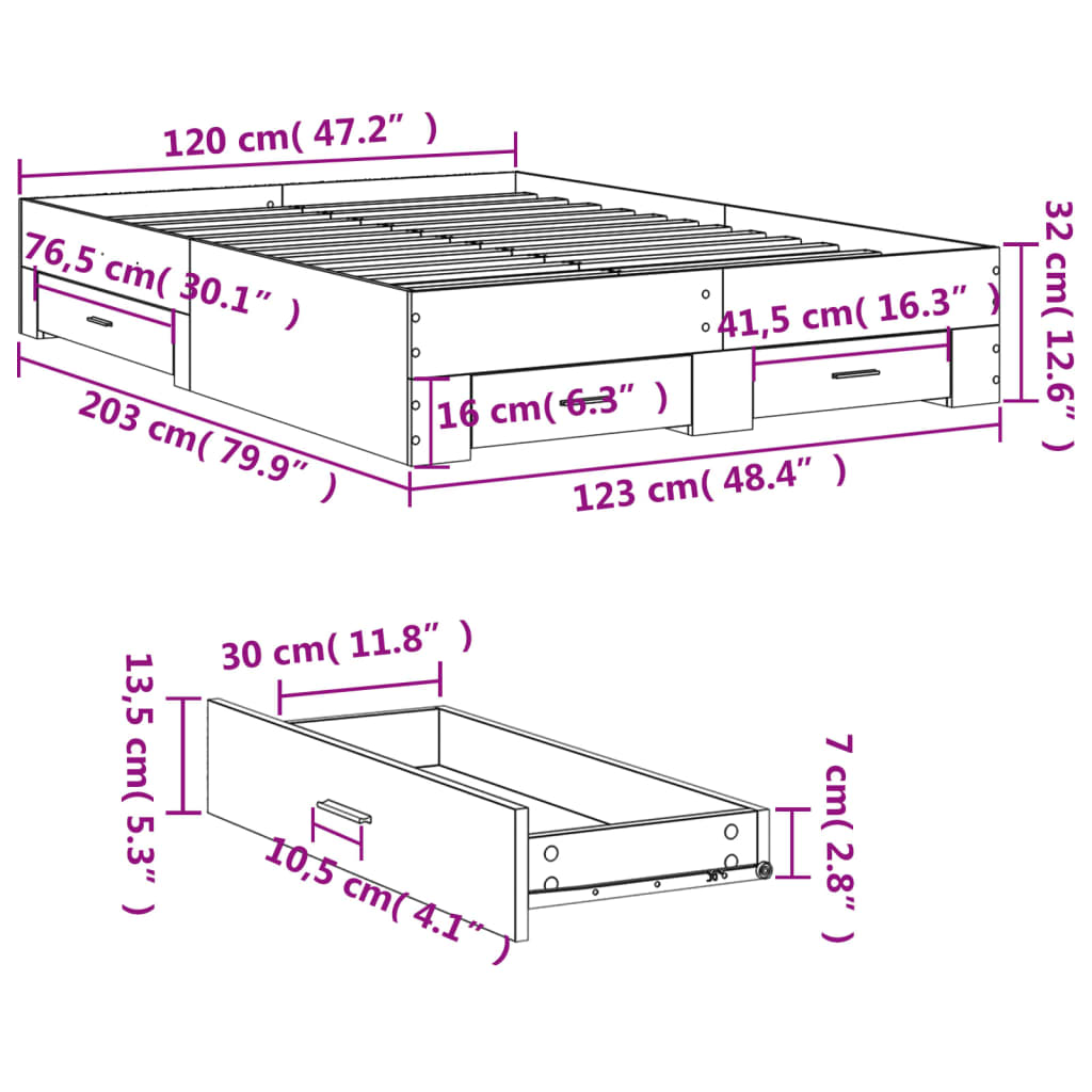 vidaXL Bedframe met lades bewerkt hout grijs sonoma eiken 120x200 cm