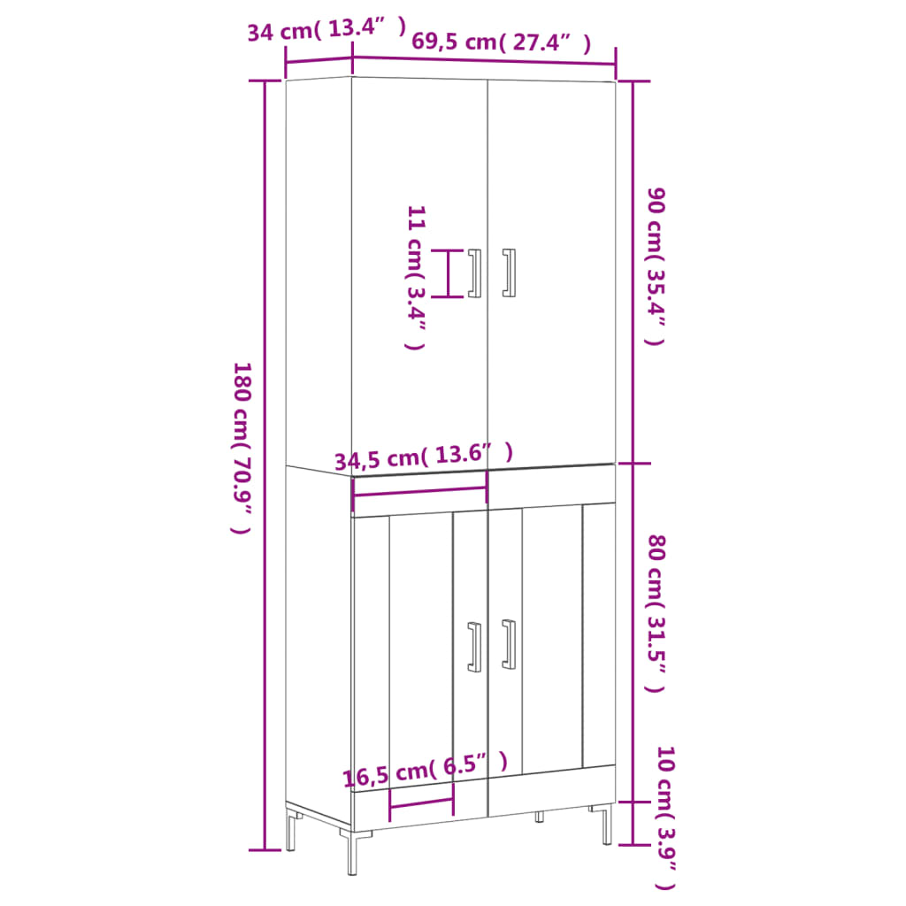 vidaXL Hoge kast 69,5x34x180 cm bewerkt hout bruin eikenkleur