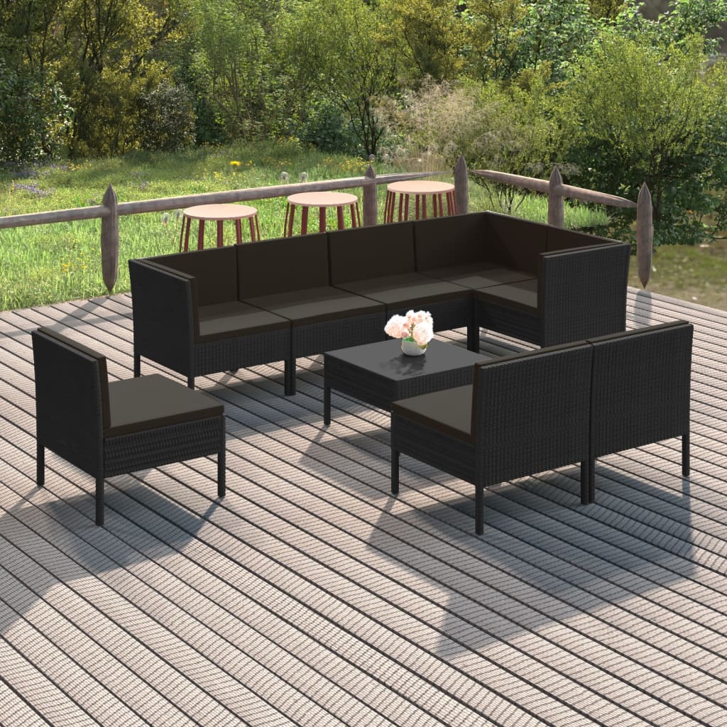 vidaXL 9-delige Loungeset met kussens poly rattan zwart